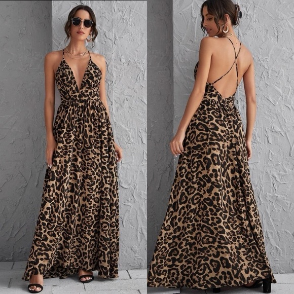 Crisscross open back maxi dress v neck leopard print boho bridesmaid - Picture 1 of 3